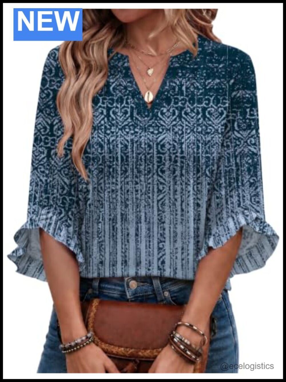 Women's 3/4 Ruffle Sleeve V Neck Blouse Business Work Top